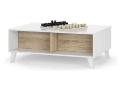 Mesa de centro Lincoln, Mesa de centro com tampo elevável, Mesa baixa de sala, 100x68h38 cm, Branco brilhante e carvalho