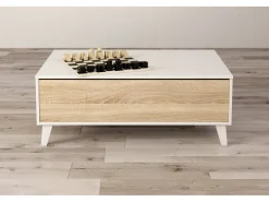 Mesa de centro Lincoln, Mesa de centro com tampo elevável, Mesa baixa de sala, 100x68h38 cm, Branco brilhante e carvalho