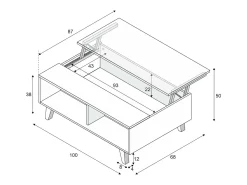 Mesa de centro Lincoln, Mesa de centro com tampo elevável, Mesa baixa de sala, 100x68h38 cm, Branco brilhante e carvalho