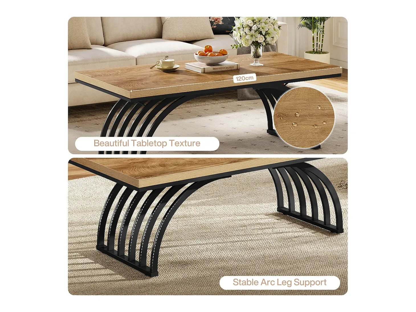Mesa de Centro, Mesa de Chá de Centro Retangular Rústica de 120cm com Pernas de Moldura de Metal