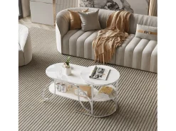 Mesa de centro minimalista - Mármore branco, multifuncional (sala/sofá), fácil montagem, 80x46x45cm, econômica de espaço