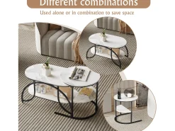Mesa de centro minimalista - Mármore branco, multifuncional (sala/sofá), fácil montagem, 80x46x45cm, econômica de espaço