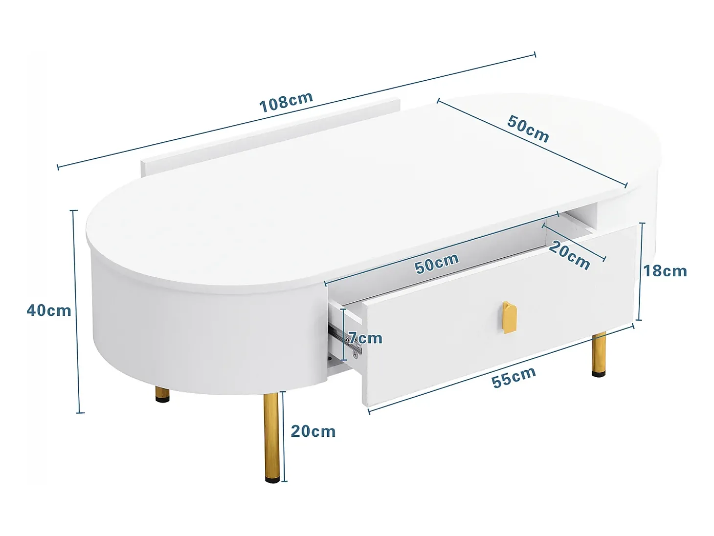 Mesa de centro moderna - 2 gavetas com puxadores e pés dourados - MDF - Branco