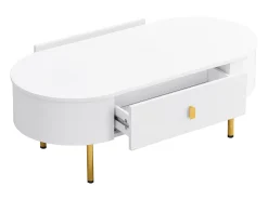 Mesa de centro moderna - 2 gavetas com puxadores e pés dourados - MDF - Branco