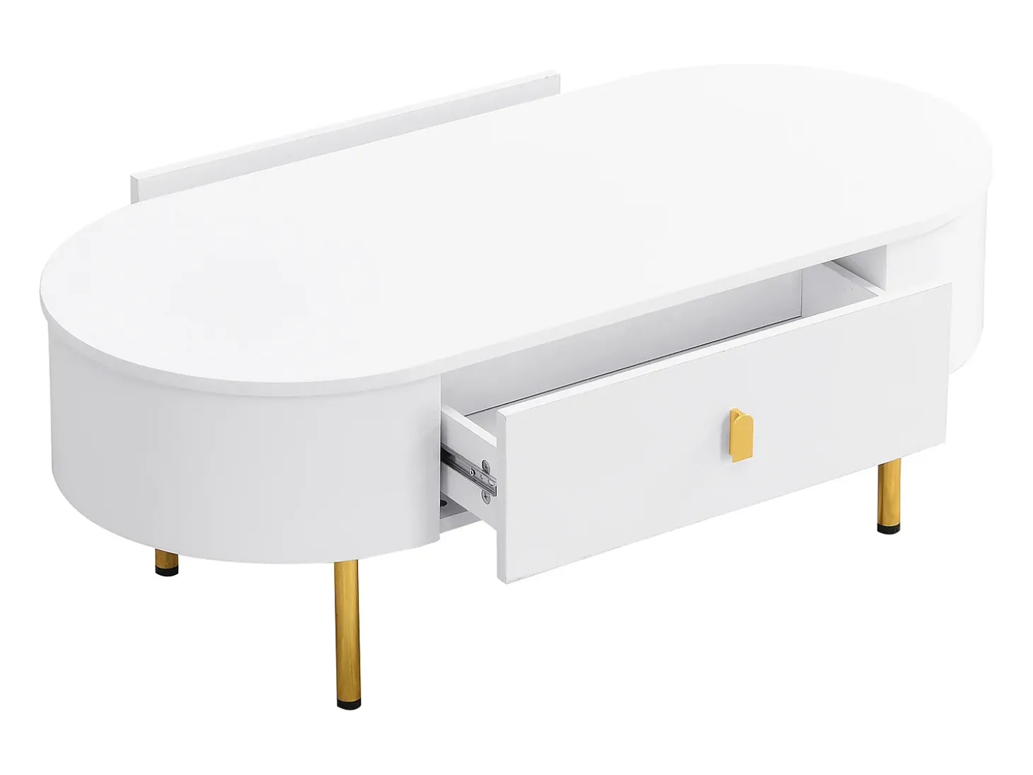 Mesa de centro moderna - 2 gavetas com puxadores e pés dourados - MDF - Branco