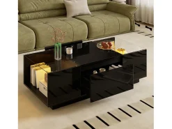 Mesa de centro moderna 105×50×35 cm - tampo de vidro - com iluminação LED - 2 gavetas - prateleiras abertas - preto
