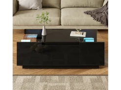 Mesa de centro moderna 105×50×35 cm - tampo de vidro - com iluminação LED - 2 gavetas - prateleiras abertas - preto