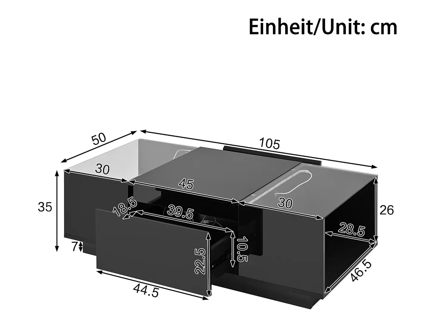 Mesa de centro moderna 105×50×35 cm - tampo de vidro - com iluminação LED - 2 gavetas - prateleiras abertas - preto
