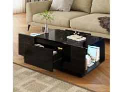 Mesa de centro moderna 105×50×35 cm - tampo de vidro - com iluminação LED - 2 gavetas - prateleiras abertas - preto