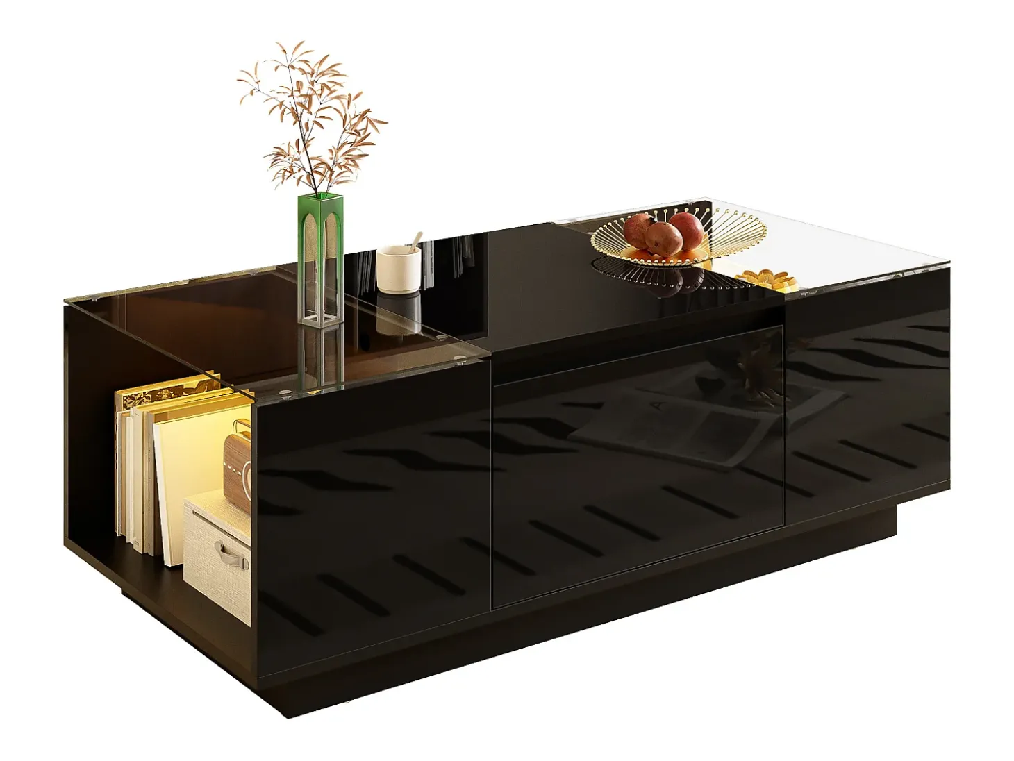 Mesa de centro moderna 105×50×35 cm - tampo de vidro - com iluminação LED - 2 gavetas - prateleiras abertas - preto
