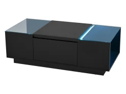 Mesa de centro moderna 105×50×35 cm - tampo de vidro - com iluminação LED - 2 gavetas - prateleiras abertas - preto