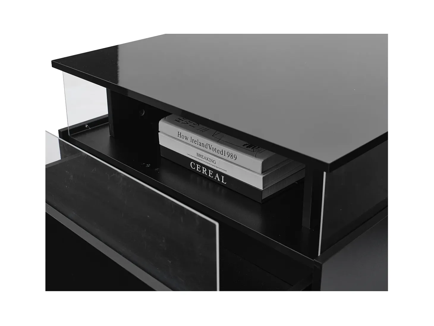 Mesa de centro moderna - com 2 gavetas + compartimentos em vidro - Preto