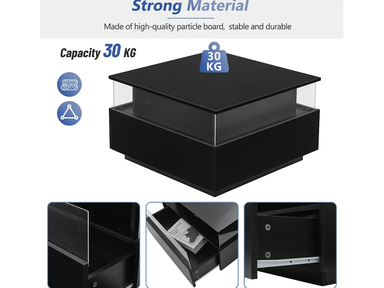 Mesa de centro moderna - com 2 gavetas + compartimentos em vidro - Preto