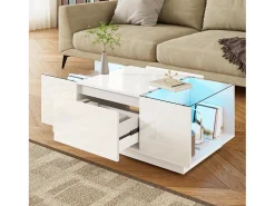 Mesa de centro moderna 105×50×35 cm - tampo de vidro - com iluminação LED - 2 gavetas - prateleiras abertas - branco