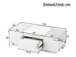 Mesa de centro moderna 105×50×35 cm - tampo de vidro - com iluminação LED - 2 gavetas - prateleiras abertas - branco