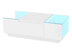 Mesa de centro moderna 105×50×35 cm - tampo de vidro - com iluminação LED - 2 gavetas - prateleiras abertas - branco