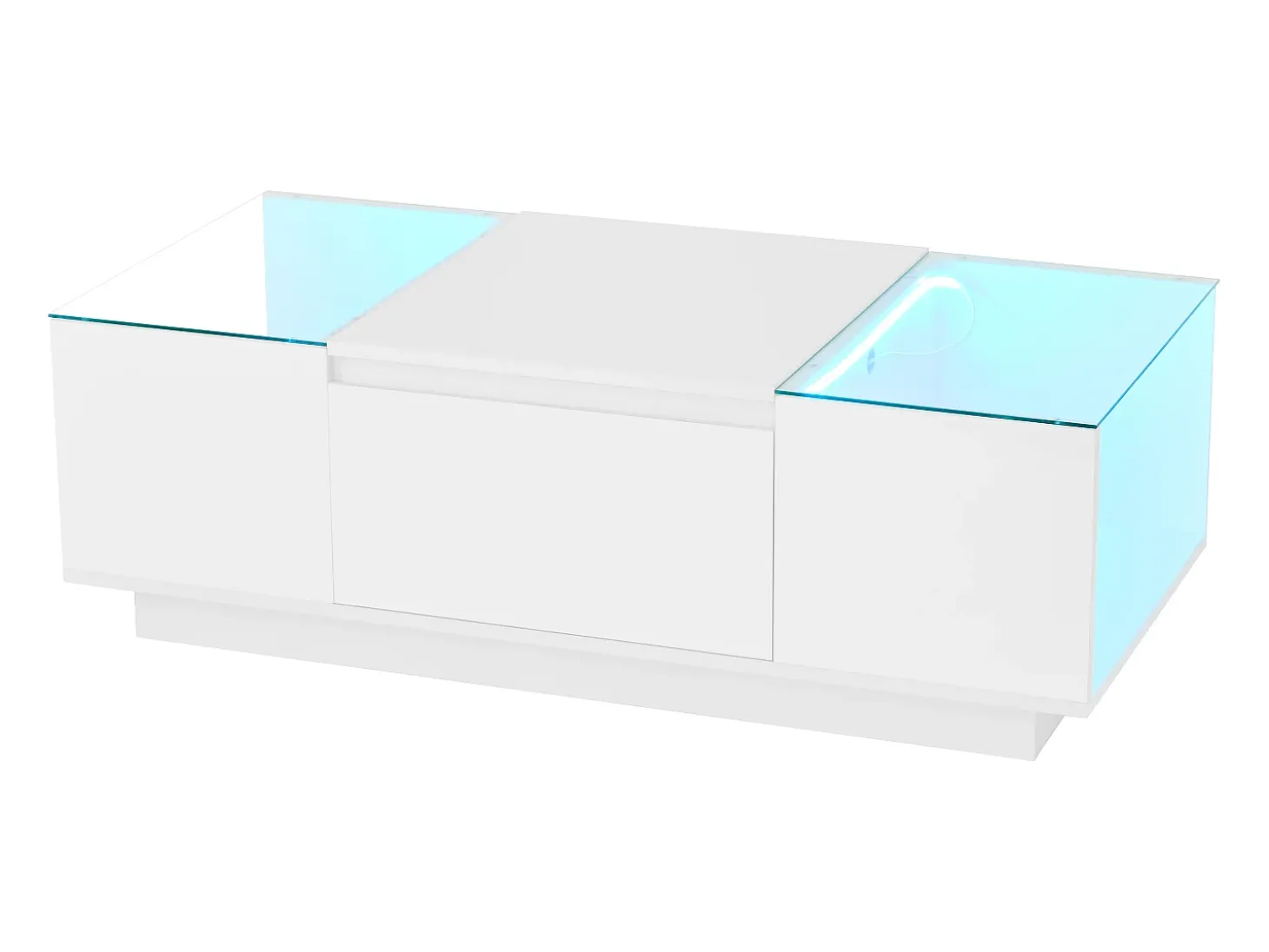 Mesa de centro moderna 105×50×35 cm - tampo de vidro - com iluminação LED - 2 gavetas - prateleiras abertas - branco