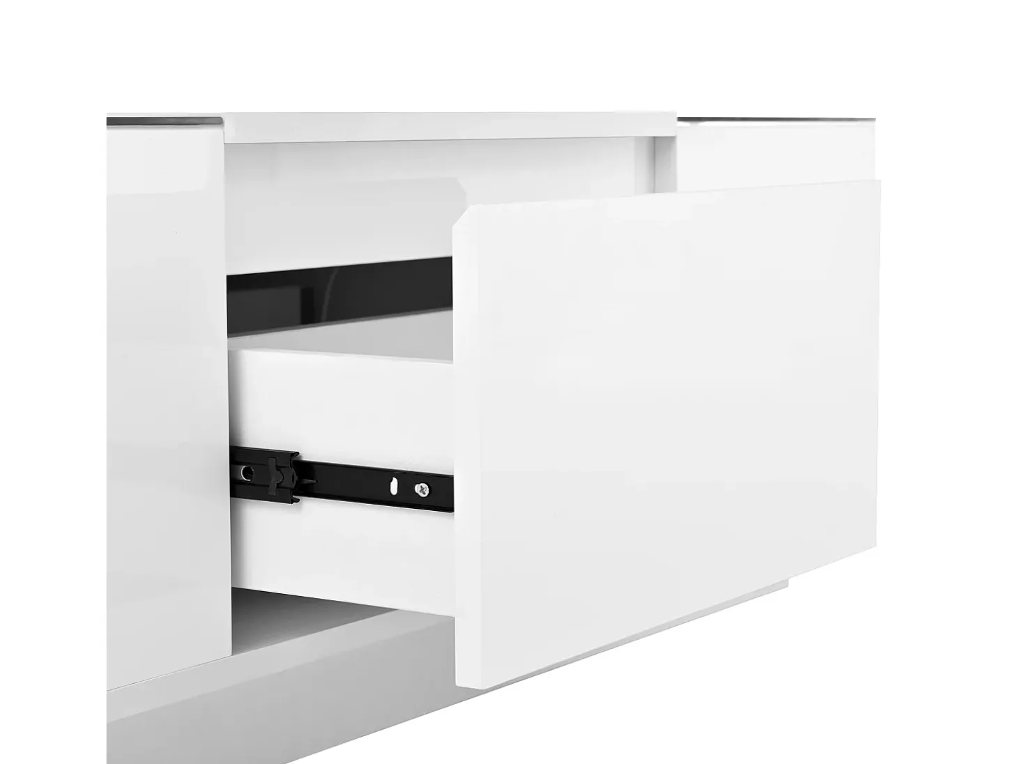 Mesa de centro moderna 105×50×35 cm - tampo de vidro - com iluminação LED - 2 gavetas - prateleiras abertas - branco