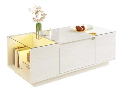Mesa de centro moderna 105×50×35 cm - tampo de vidro - com iluminação LED - 2 gavetas - prateleiras abertas - branco