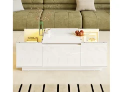 Mesa de centro moderna 105×50×35 cm - tampo de vidro - com iluminação LED - 2 gavetas - prateleiras abertas - branco