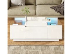 Mesa de centro moderna 105×50×35 cm - tampo de vidro - com iluminação LED - 2 gavetas - prateleiras abertas - branco