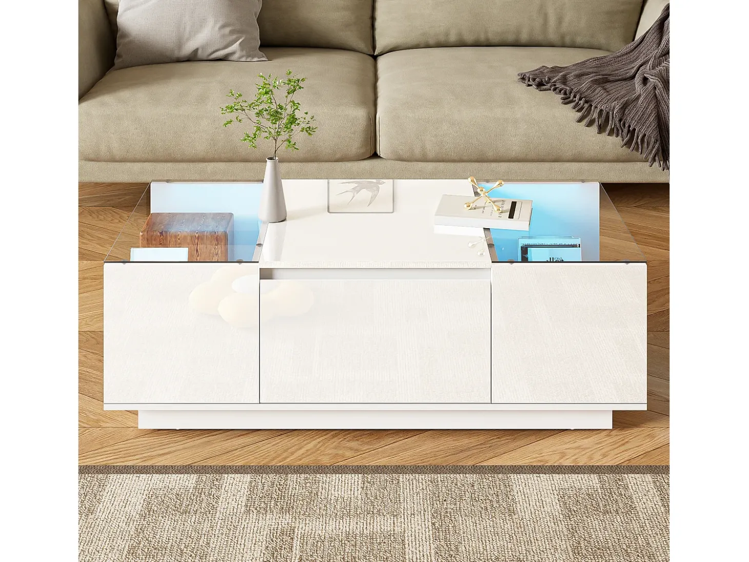 Mesa de centro moderna 105×50×35 cm - tampo de vidro - com iluminação LED - 2 gavetas - prateleiras abertas - branco