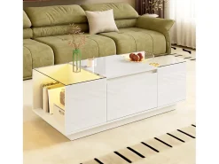 Mesa de centro moderna 105×50×35 cm - tampo de vidro - com iluminação LED - 2 gavetas - prateleiras abertas - branco