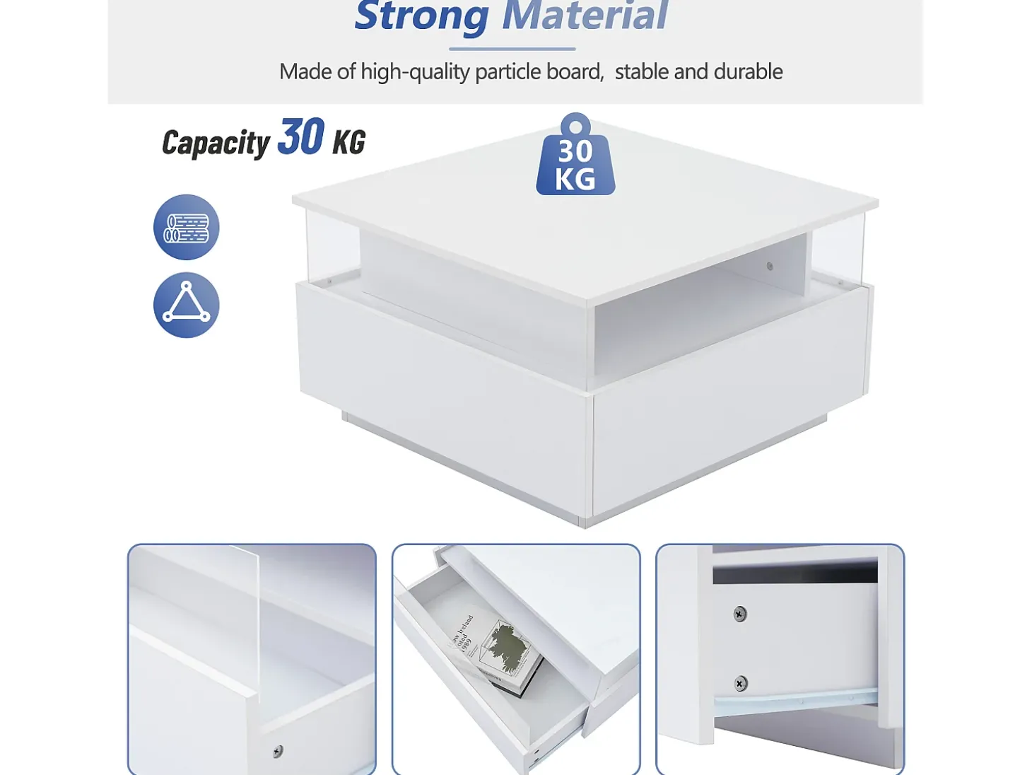 Mesa de centro moderna - com 2 gavetas + compartimentos em vidro - Branco