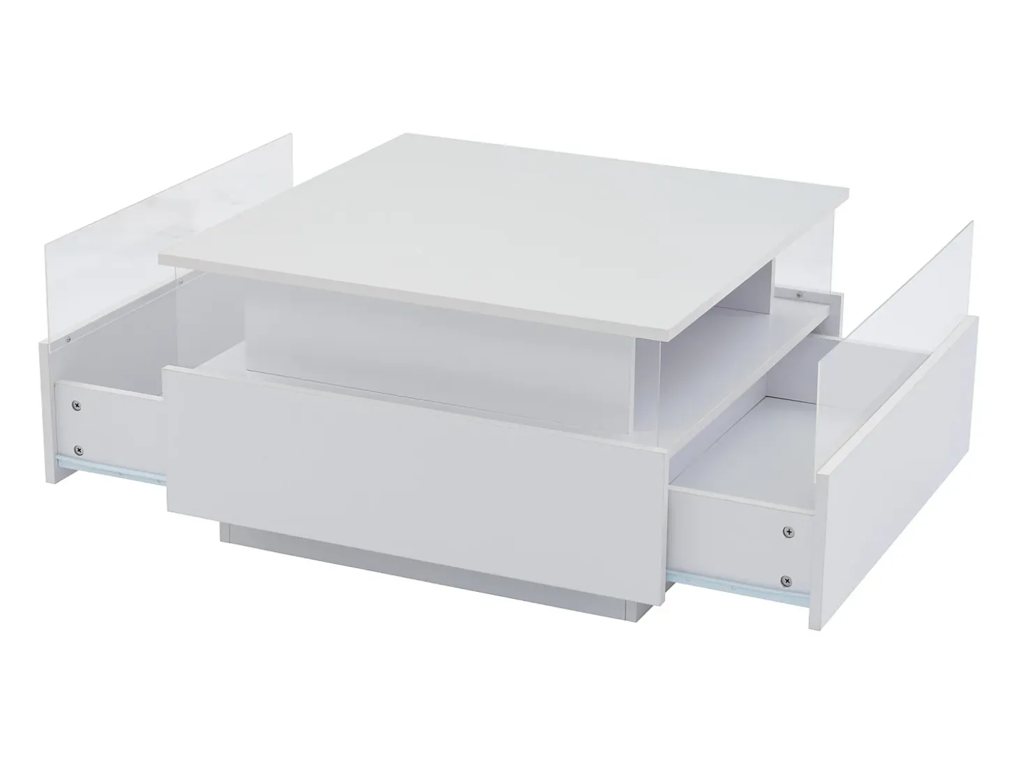 Mesa de centro moderna - com 2 gavetas + compartimentos em vidro - Branco