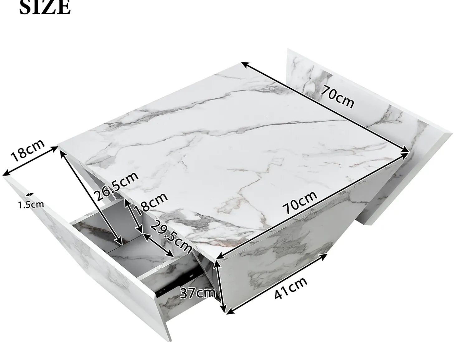 Mesa de centro moderna - com 2 gavetas - folheado com padrão mármore - Branco
