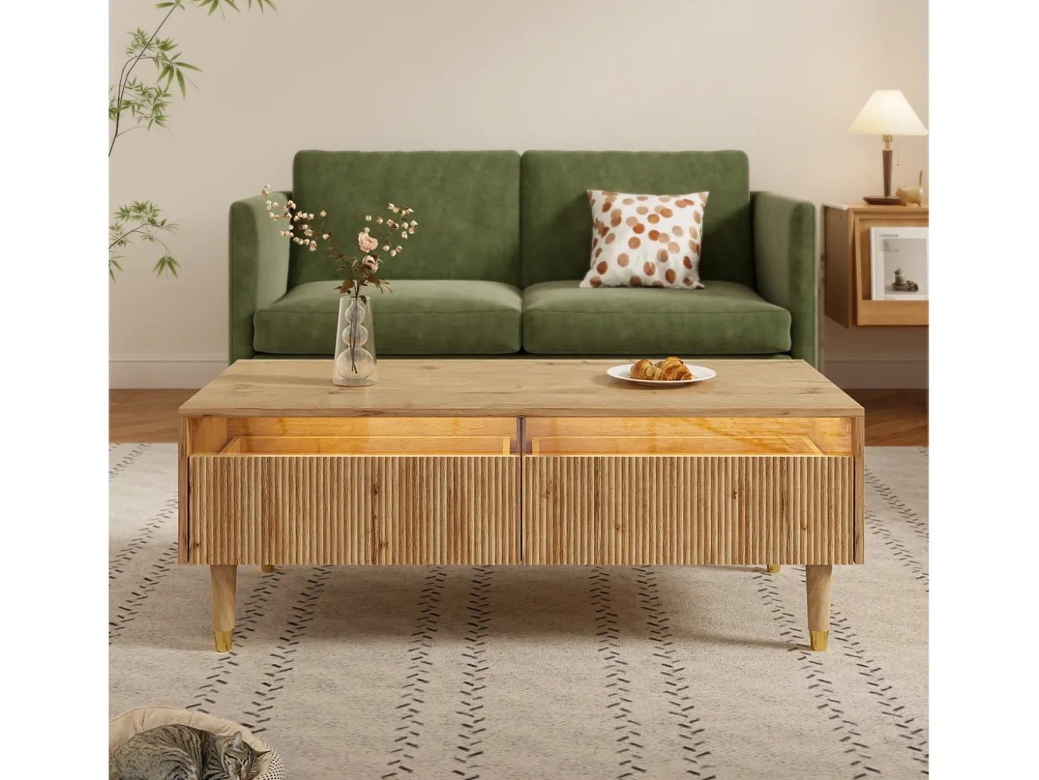 Mesa de centro moderna 110×50×40 cm - com iluminação LED - 2 gavetas - natural