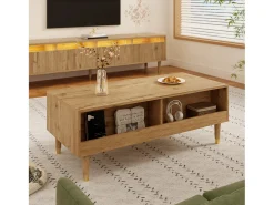 Mesa de centro moderna 110×50×40 cm - com iluminação LED - 2 gavetas - natural