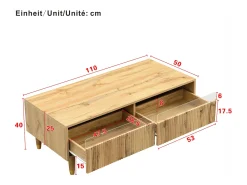 Mesa de centro moderna 110×50×40 cm - com iluminação LED - 2 gavetas - natural