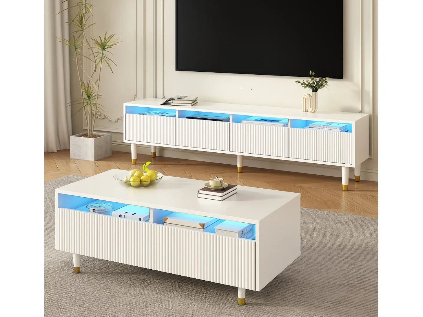 Mesa de centro moderna 110×50×40 cm - com 2 gavetas - com iluminação LED - MDF - branco