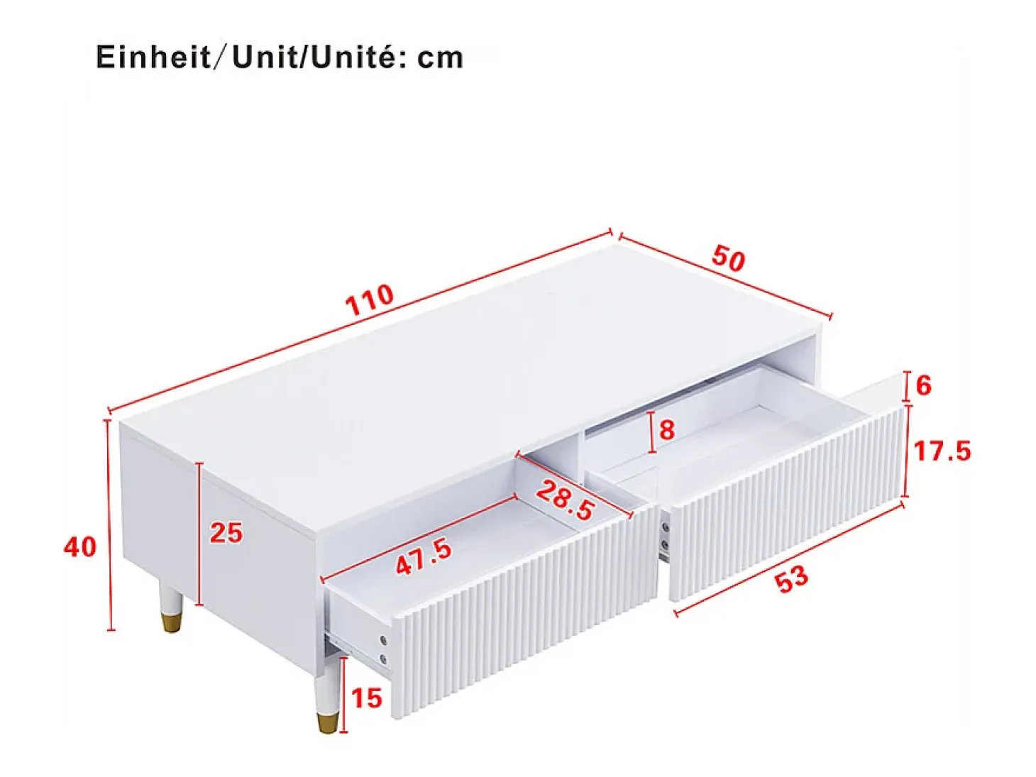 Mesa de centro moderna 110×50×40 cm - com 2 gavetas - com iluminação LED - MDF - branco