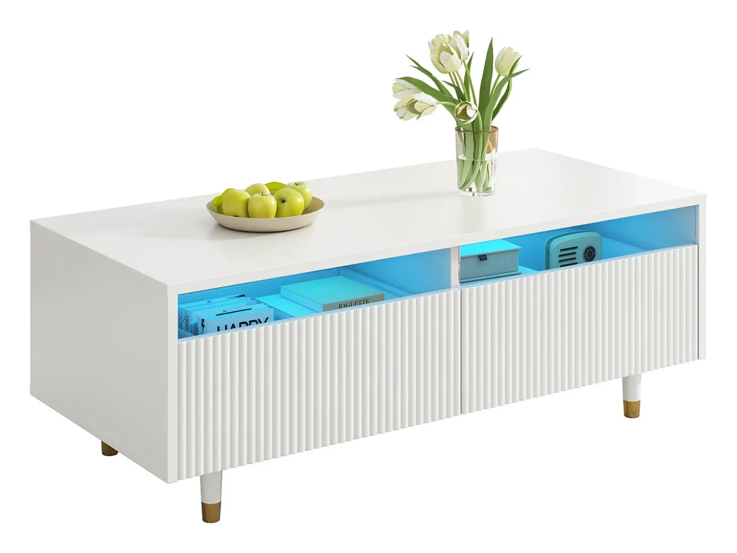 Mesa de centro moderna 110×50×40 cm - com 2 gavetas - com iluminação LED - MDF - branco