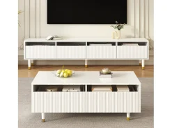 Mesa de centro moderna 110×50×40 cm - com 2 gavetas - com iluminação LED - MDF - branco