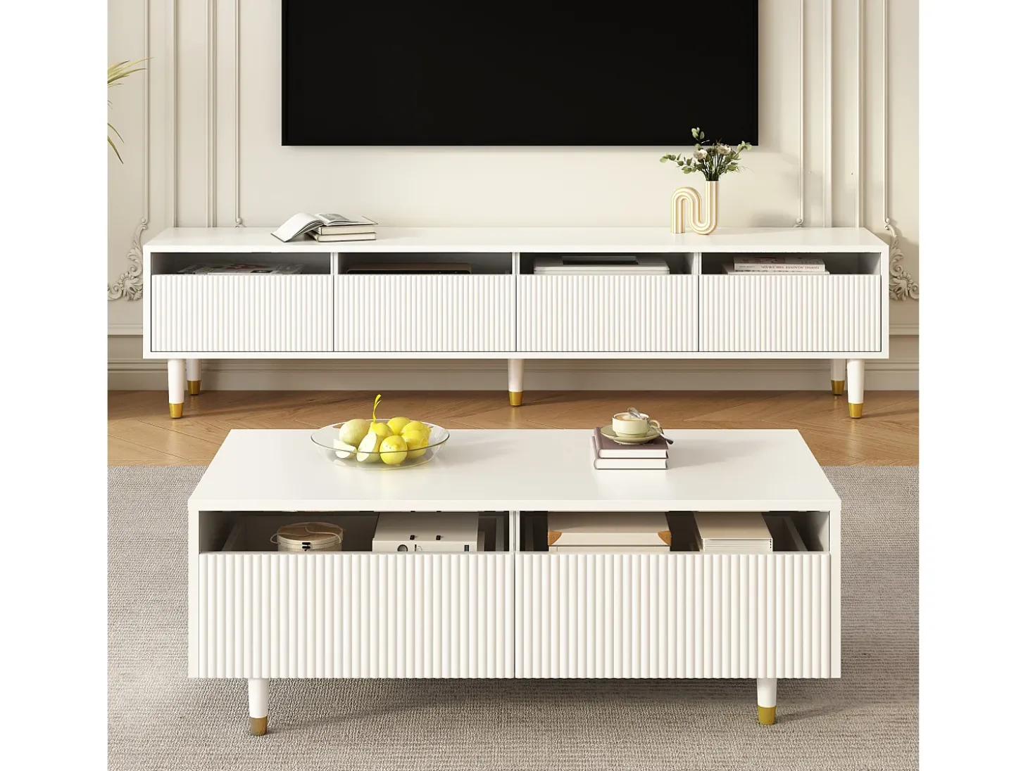 Mesa de centro moderna 110×50×40 cm - com 2 gavetas - com iluminação LED - MDF - branco