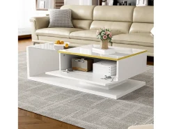 Mesa de centro moderna - Vidro - Iluminação LED - Armazenamento - Branco