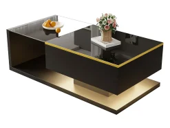 Mesa de centro moderna - Vidro - Iluminação LED - Armazenamento - Preto