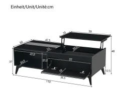 Mesa de centro moderna ajustável em altura 110x50x48 cm - com compartimento de armazenamento - Prateleiras abertas - Preto