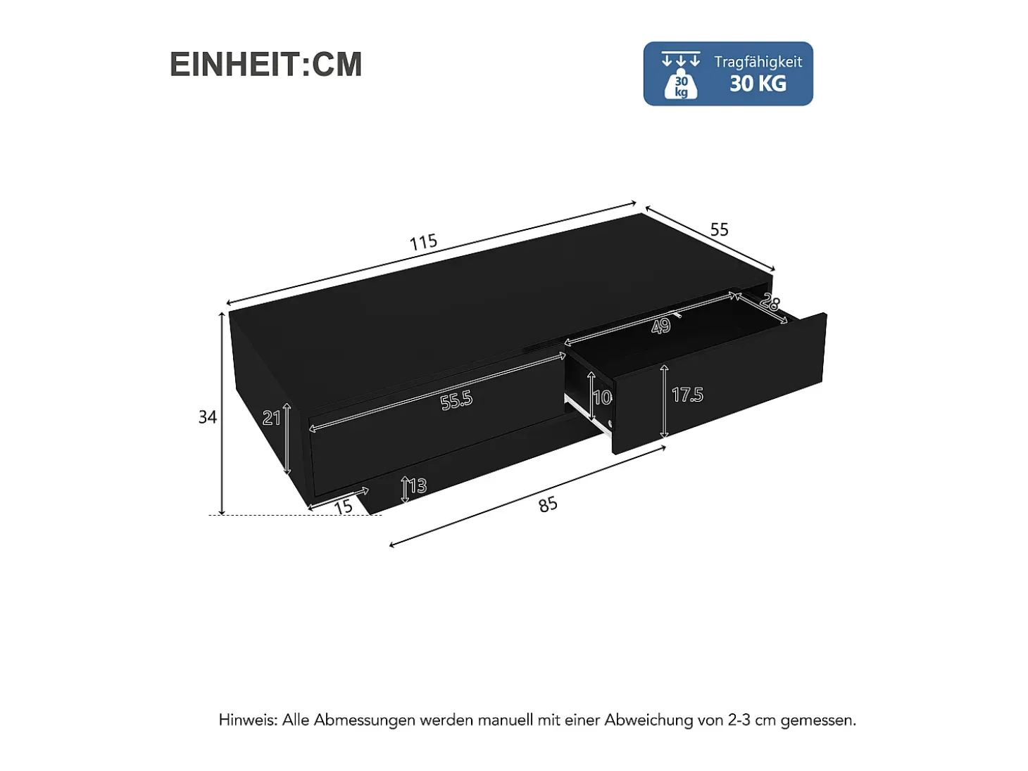 Mesa de centro moderna com acabamento lacado brilhante, iluminação LED e 2 gavetas - Preta