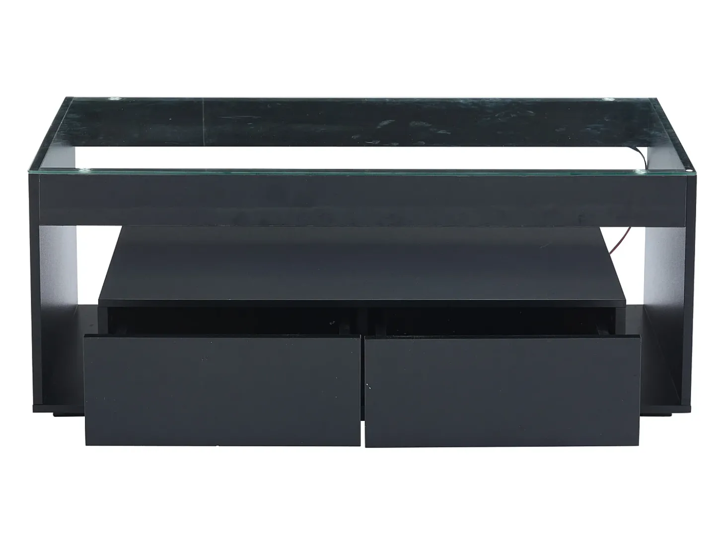 Mesa de centro moderna com 2 gavetas e prateleiras, LED, tampo de vidro temperado, superfície lacada preta