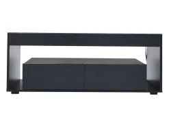Mesa de centro moderna com 2 gavetas e prateleiras, LED, tampo de vidro temperado, superfície lacada preta