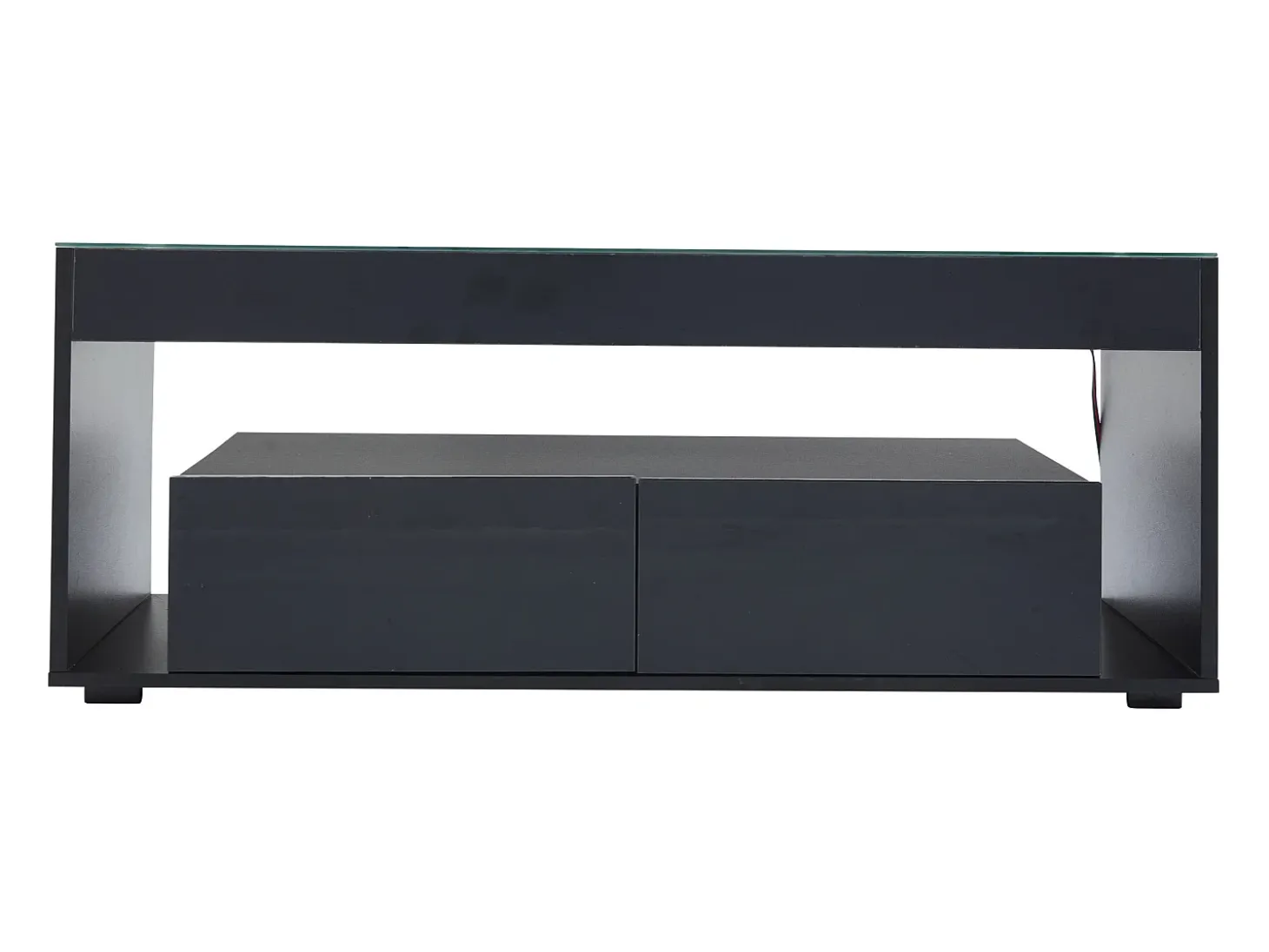 Mesa de centro moderna com 2 gavetas e prateleiras, LED, tampo de vidro temperado, superfície lacada preta