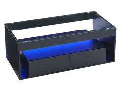 Mesa de centro moderna com 2 gavetas e prateleiras, LED, tampo de vidro temperado, superfície lacada preta