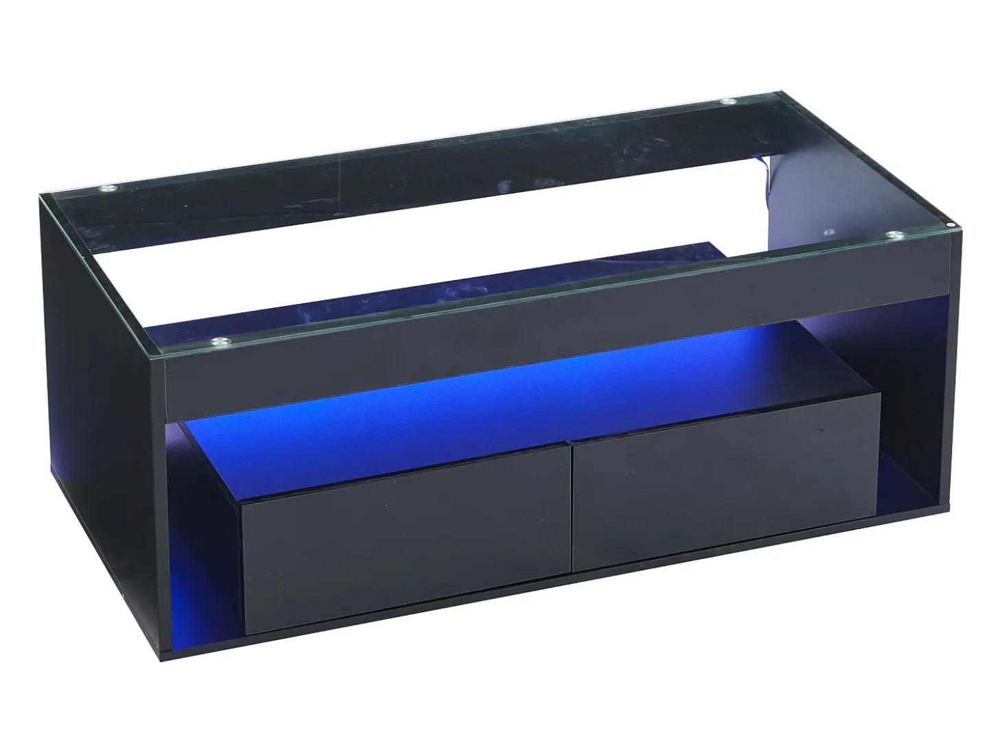 Mesa de centro moderna com 2 gavetas e prateleiras, LED, tampo de vidro temperado, superfície lacada preta