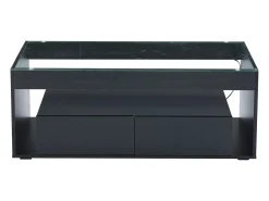 Mesa de centro moderna com 2 gavetas e prateleiras, LED, tampo de vidro temperado, superfície lacada preta