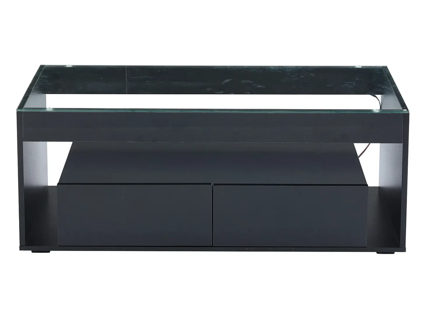 Mesa de centro moderna com 2 gavetas e prateleiras, LED, tampo de vidro temperado, superfície lacada preta