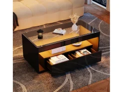 Mesa de centro moderna com 2 gavetas e prateleiras, LED, tampo de vidro temperado, superfície lacada preta